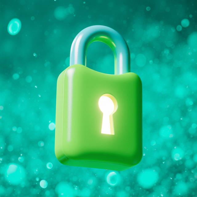 Abstract 3D padlock and digital shield with glowing data paths