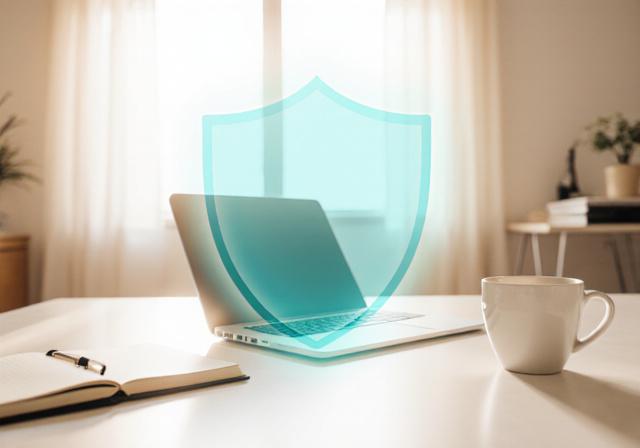 A secure workspace showing digital privacy symbols and professional documents