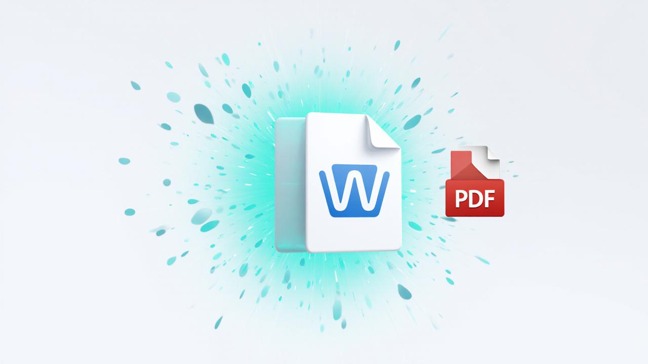Vibrant 3D abstract illustration of a Word document transforming into a secure PDF